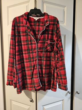 Red Plaid Pajama Shirt with Contrast Piping